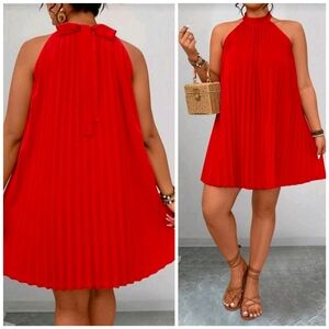 New Luxe Pleated Swing Dress PLUS Bow Tie Back Halter Neck Red